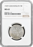 Чехословаччина 5 крон 1929, NGC MS63, "Перша Республіка (1919 - 1938)"