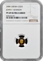 Ліберія 25 доларів 2000 р., NGC PF69 UC, "Джон Ф. Кеннеді" Top Pop золото
