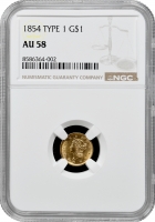 США 1 долар 1854 р., NGC AU58, "Liberty Head - Type 1" золото