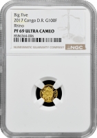 Республіка Конго 100 франків 2017 р., NGC PF69 UC, "Фауна Африки - Носоріг" Top Pop 1/0