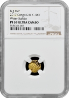 Республіка Конго 100 франків 2017 р., NGC PF69 UC, "Фауна Африки - Водяний буйвол" Top Pop 1/0