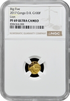 Республіка Конго 100 франків 2017 р., NGC PF69 UC, "Фауна Африки - Лев" Top Pop 1/0