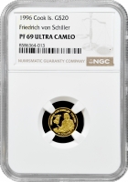 Острови Кука 20 доларів 1996 р., NGC PF69 UC, "Фрідріх Шиллер" Top Pop золото