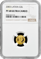 Латвія 5 латів 2003 р., NGC PF68 UC, "10 років новому лату" золото