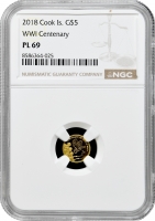 Острови Кука 5 доларів 2018 р., NGC PL69, "100 років закінчення Першої Світової війни" золото