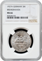 Веймарська Республіка 3 рейхсмарки 1927 р. A, NGC MS66, "100 років Бремерхафену"