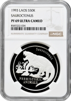 Лаос 50 кіп 1993 р., NGC PF69 UC, "Доісторичні тварини - Завроктон" Top Pop