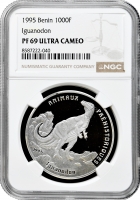 Бенін 1000 франків 1995 р., NGC PR69 UC, "Доісторичні тварини - Ігуанодон" Top Pop 1/0