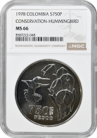 Колумбія 750 песо 1978 р., NGC MS66, "Збереження довкілля - Колібрі"