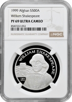 Афганістан 500 афгані 1999 р., NGC PF69 UC, "Вільям Шекспір" Top Pop