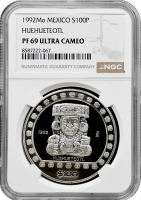 Мексика 100 песо 1992 р. Mo, NGC PF69 UC, "Ацтекі - Уеуетеотль /Huehueteotl/"