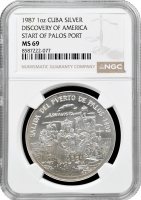 Куба срібна медаль 1987 р., NGC MS69, "Відправлення з порту Палос" Top Pop