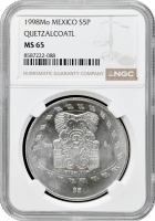 Мексика 5 песо 1998 р. Mo, NGC MS65, "Кетцалькоатль"