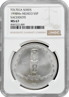 Мексика 5 песо 1998 р. Mo, NGC MS67, "Тольтеки - Sacerdote"
