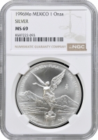 Мексика 1 онза 1996 р. Mo, NGC MS69, "Срібна інвестиційна монета "Свобода"