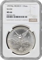 Мексика 1 онза 1997 р. Mo, NGC MS66, "Срібна інвестиційна монета "Свобода"
