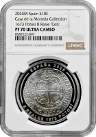 Іспанія 10 євро 2025 р. M, NGC PF70 UC, "Каса де ла Монеда - 8 реалів 1673 р., Потосі"