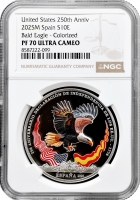 Іспанія 10 євро 2025 р. M, NGC PF70 UC, "250-річчя США - Білоголовий орлан, кольорова"