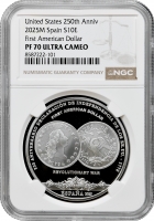 Іспанія 10 євро 2025 р. M, NGC PF70 UC, "250-річчя США – Перший американський долар"