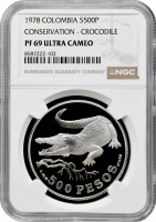 Колумбія 500 песо 1978 р., NGC PF69 UC, "Острорилий крокодил" Top Pop