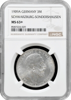 Шварцбург-Зондерсгаузен 3 марки 1909 р. A, NGC MS63+, "Смерть Карла Гюнтера"
