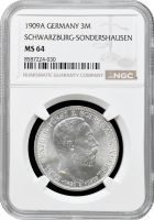 Шварцбург-Зондерсгаузен 3 марки 1909 A, NGC MS64, "Смерть Карла Гюнтера"