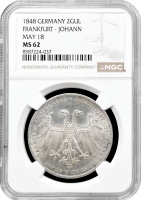 Франкфурт 2 гульдени 1848 р., NGC MS62, "Обрання австрійського принца Йоханна вікарієм"