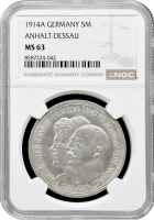 Ангальт-Дессау 5 марок 1914 р. A, NGC MS63, "25 років весіллі Фрідріха II та Марії Баденської"