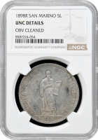 Сан-Марино 5 лір 1898 R, NGC UNC Det., "Республіка Сан-Марино (1864 - 1938)"