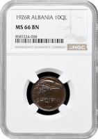 Албанія 10 кіндар 1926 R, NGC MS66 BN, "Королівство Албанія (1925 - 1938)"