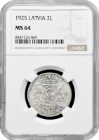 Латвія 2 лати 1925 р., NGC MS64, "Перша Республіка (1922 - 1940)"