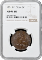 Бельгія 5 сантимів 1851, NGC MS64 BN, "Король Леопольд I (1832 - 1865)" Pop 8/1