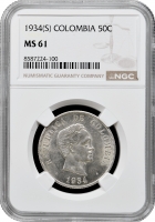 Колумбія 50 сентаво 1934 (S), NGC MS61, "Президент Симон Болівар (1819 - 1830)"
