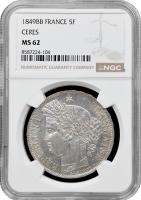 Франція 5 франків 1849 BB, NGC MS62, "Друга Республіка (1848 - 1851)"