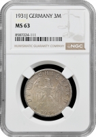Німеччина 3 рейхсмарки 1931 р. J, NGC MS63, "Веймарська республіка (1924 - 1938)" Pop 3/2