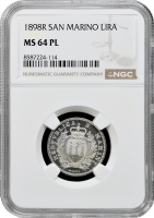Сан-Марино 1 ліра 1898 R, NGC MS64 PL, "Республіка Сан-Марино (1864 - 1938)" Top Pop 1/0