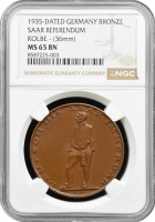 Німеччина - Третій рейх, бронзова медаль 1935 р., NGC MS65 BN, "Воз'єднання Саара" Top Pop 1/0
