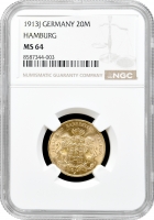Гамбург 20 марок 1913 р. J, NGC MS64, "Вільне місто Гамбург (1871 - 1918)" золото