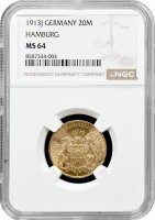 Гамбург 20 марок 1913 р. J, NGC MS64, "Вільне місто Гамбург (1871 - 1918)" золото
