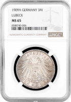 Любек 3 марки 1909 р. A, NGC MS65, "Вільний місто Любек (1871 - 1918)"