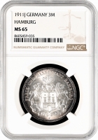 Гамбург 3 марки 1911 р. J, NGC MS65, "Вільне місто Гамбург (1871 - 1918)"