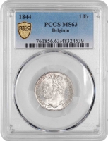 Бельгія 1 франк 1844 р., PCGS MS63, "Король Леопольд I (1832 - 1865)" Top Pop 2/0