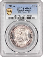Мекленбург-Шверин 3 марки 1915 г. А, PCGS MS65, "100 лет Великому Герцогству Мекленбург-Шверин"