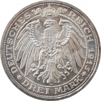 Мекленбург-Шверин 3 марки 1915 г. А, PCGS MS65, "100 лет Великому Герцогству Мекленбург-Шверин"