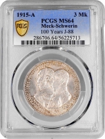 Мекленбург-Шверин 3 марки 1915 г. А, PCGS MS64, "100 лет Великому Герцогству Мекленбург-Шверин"