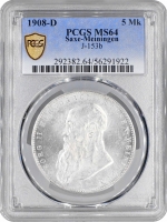 Саксен-Мейнинген 5 марок 1908 г. D, NGC MS64, "Герцог Георг II (1866 - 1914)"