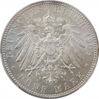 Саксен-Мейнинген 5 марок 1908 г. D, NGC MS64, "Герцог Георг II (1866 - 1914)"