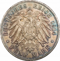 Пруссия 5 марок 1914 г. А, PCGS MS62, "Король Вильгельм II (1888 – 1918)"