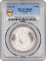 Вюртемберг 3 марки 1912 г. F, PCGS MS66, "Король Вильгельм II (1891 – 1918)"