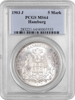 Гамбург 5 марок 1903 г. J, PCGS MS64, "Вольный город Гамбург (1871 - 1918)"